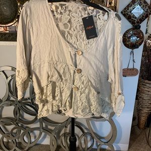 LAKLOOK DESIGNER STYLE FINE LINEN AND LACE BUTTON UP TAN TOP XL BEAUTIFUL.